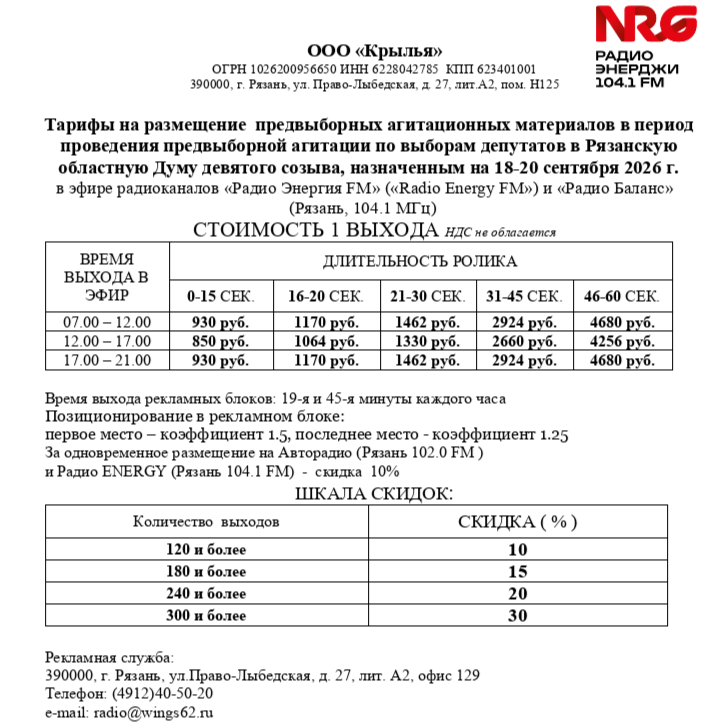 Стали известны расценки на размещение агитматериалов на медиаресурсах ООО "Крылья" в 2026 году