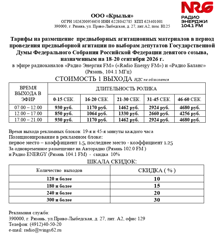 Стали известны расценки на размещение агитматериалов на медиаресурсах ООО "Крылья" в 2026 году